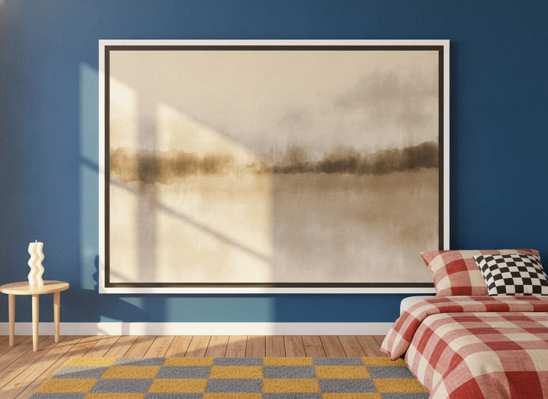 Canvas wall art with a white surround styled on the wall in a colourful eclectic bedroom