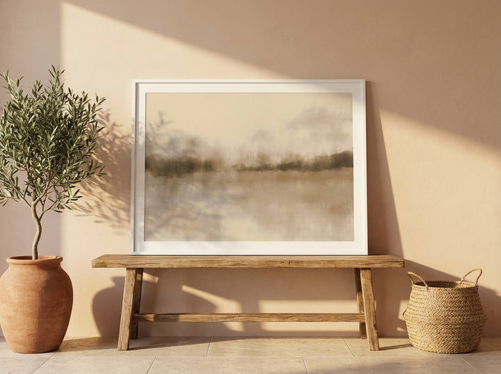Modern wall art print standing on a bench in a Mediterranean home office