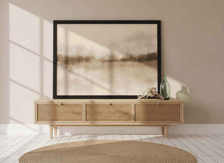 Modern wall art print standing on a sideboard in a coastal living room