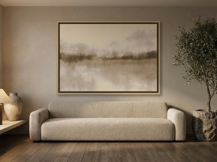 Oversized statement canvas wall art with a natural timber surround styled on the wall in a luxe living room