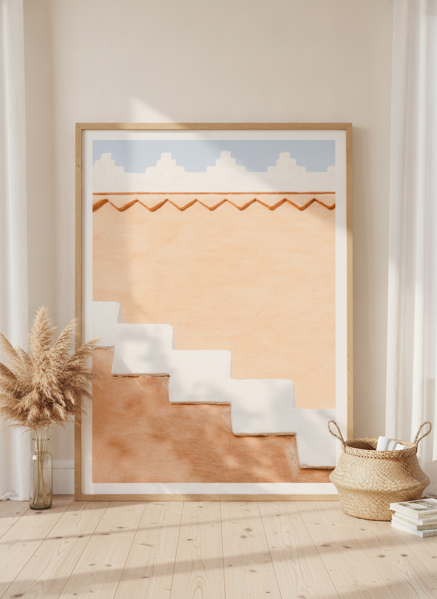Oversized statement modern wall art print leaning against the wall in a coastal bedroom
