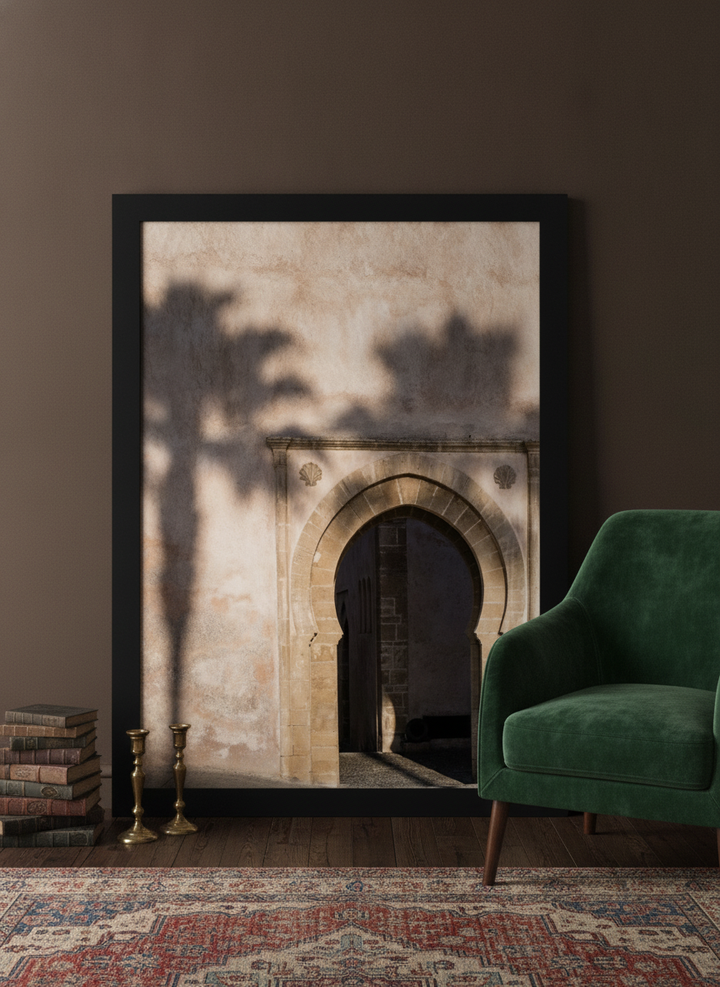 Oversized statement modern wall art print leaning against the wall in a moody home office