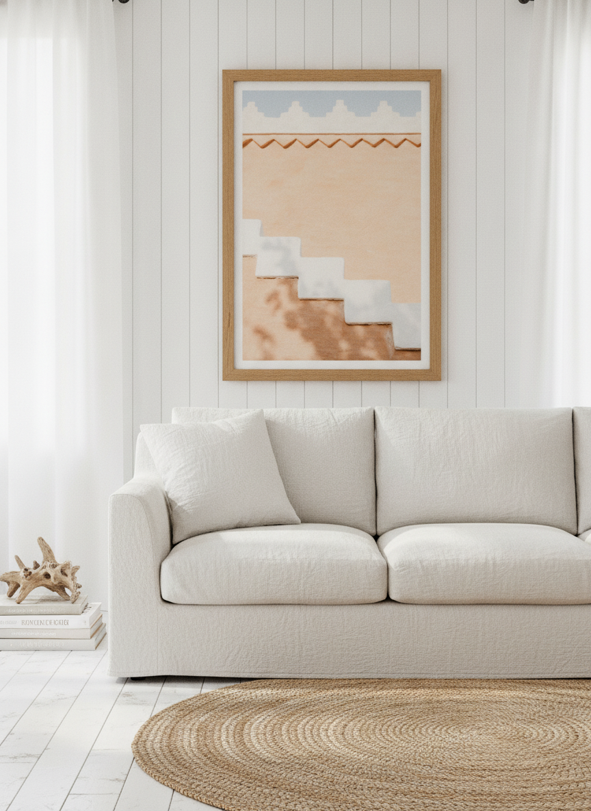 Modern wall art print styled on the wall in a coastal living room
