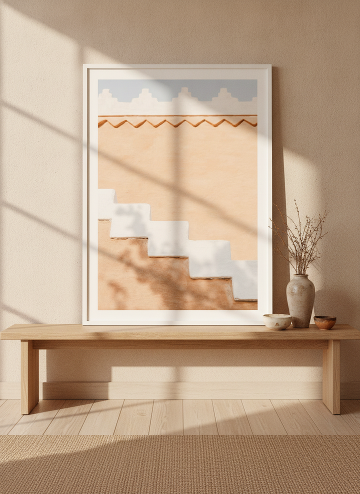 Modern wall art print standing on a bench in a warm Japandi home office