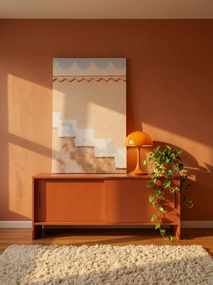 Stretched canvas wall art standing on a sideboard in a retro 70s home office