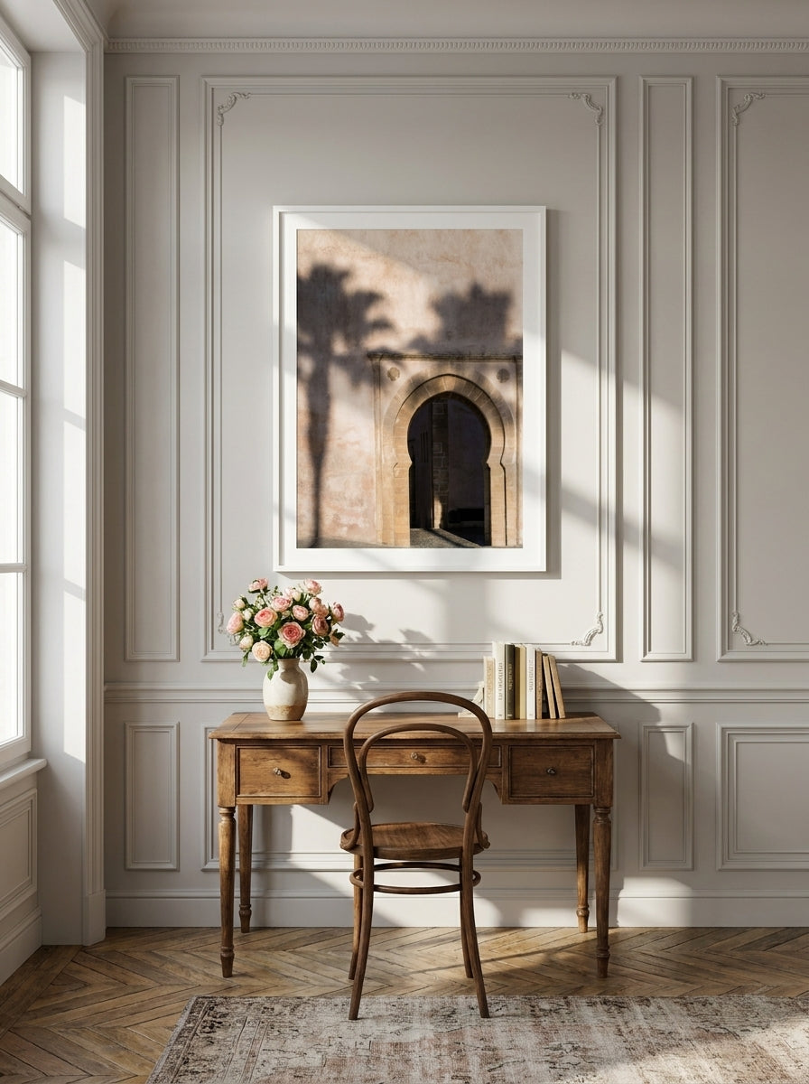 Modern wall art print styled on the wall in a Parisian home office