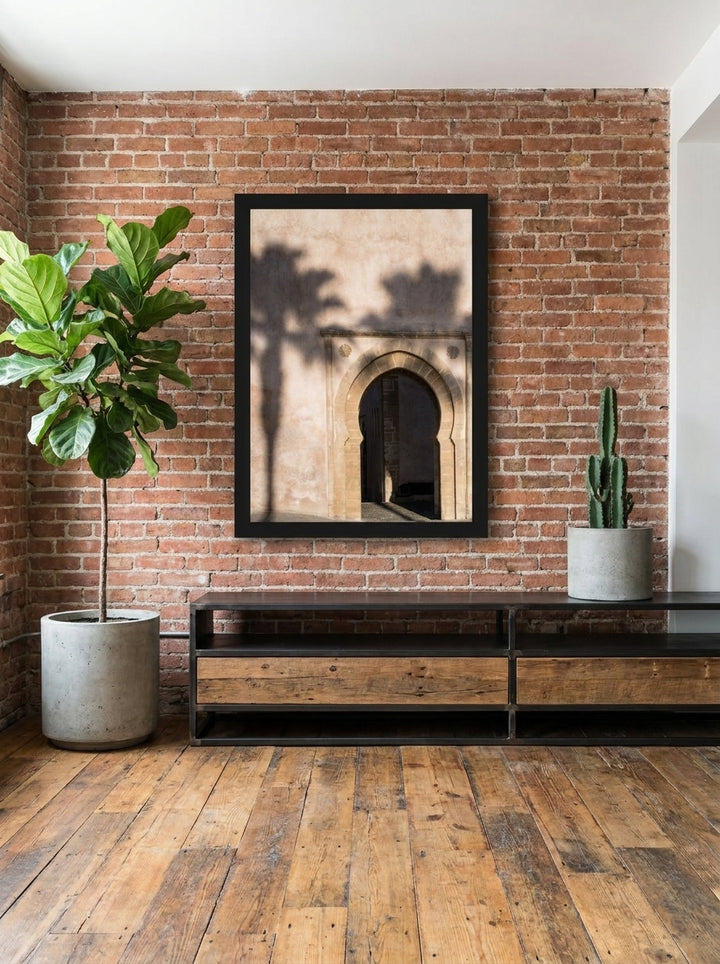 Modern wall art print styled on the wall in an industrial loft living room