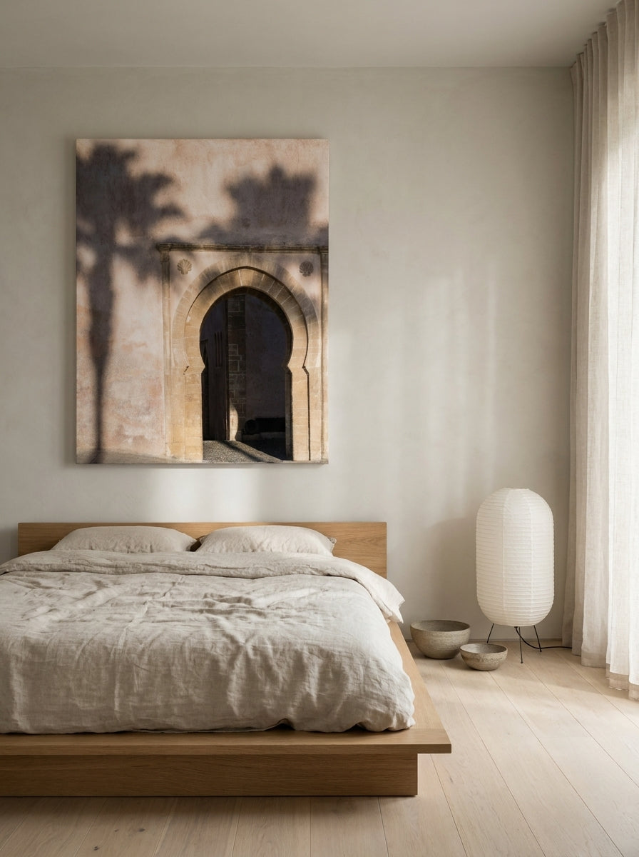 Stretched canvas wall art styled on the wall in a warm Japandi bedroom