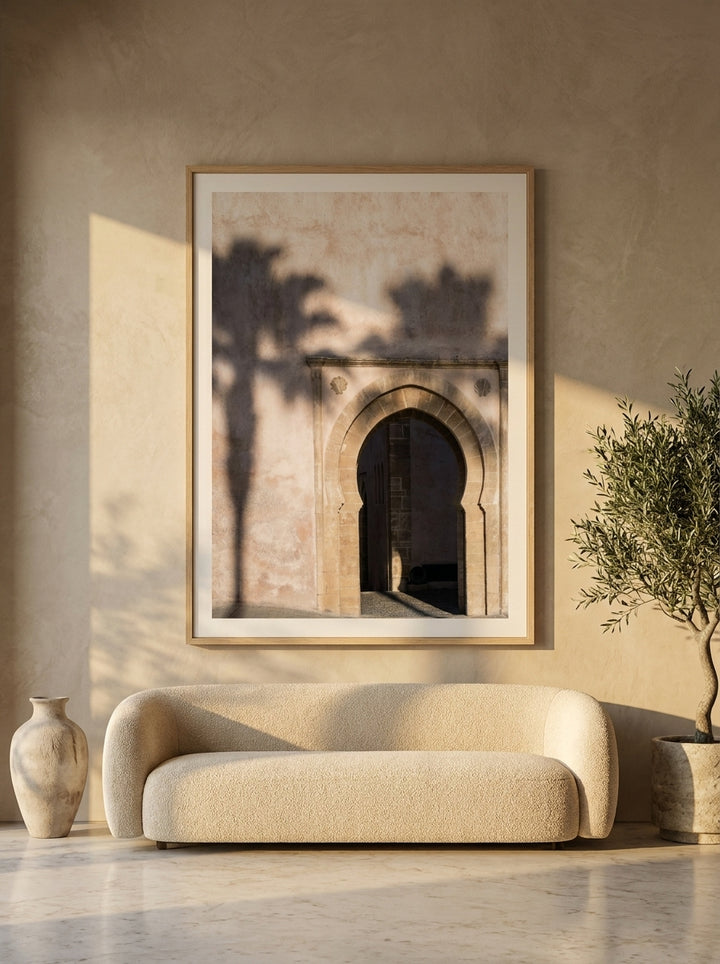 Oversized statement modern wall art print styled on the wall in a luxe living room
