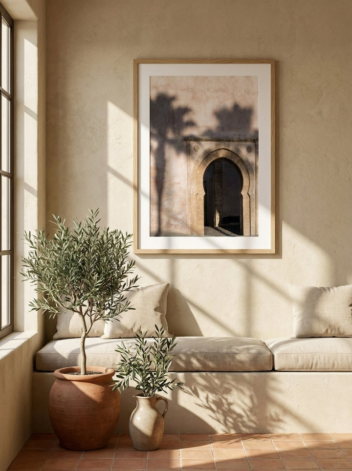 Modern wall art print styled on the wall in a Mediterranean living room