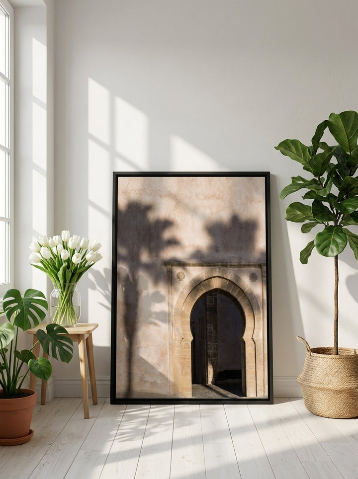 Canvas wall art with a black surround leaning against the wall in a bright Scandinavian living room