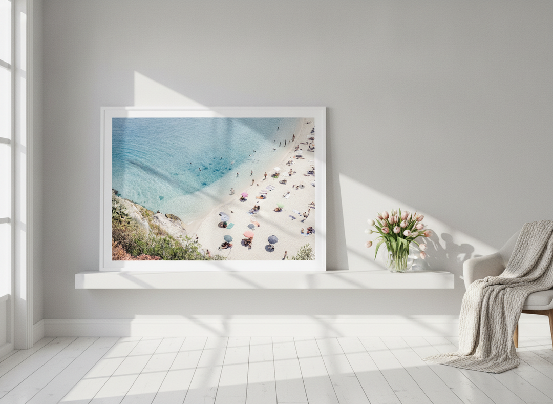 Modern wall art print standing on a shelf in a bright Scandinavian home office