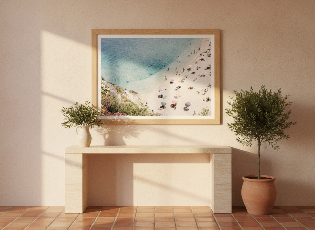 Modern wall art print styled on the wall in a Mediterranean living room