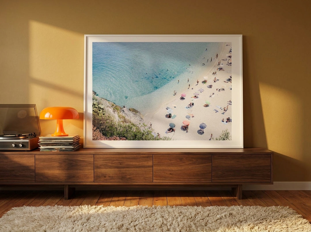 Modern wall art print standing on a sideboard in a retro 70s bedroom