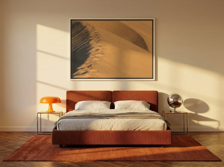 Canvas wall art with a white surround styled on the wall in a retro 70s bedroom