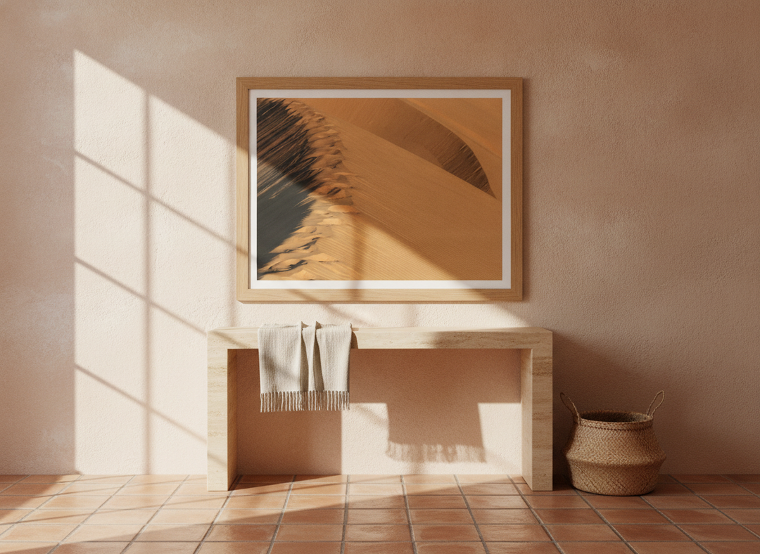 Modern wall art print styled on the wall in a Mediterranean living room