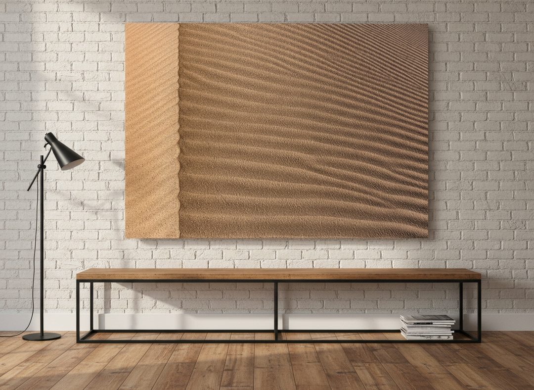 Stretched canvas wall art standing on a console in an industrial loft home office