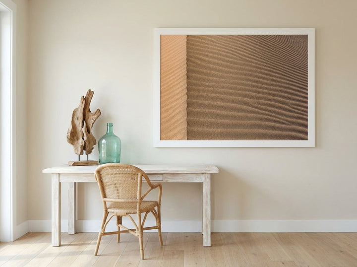 Modern wall art print styled on the wall in a coastal home office