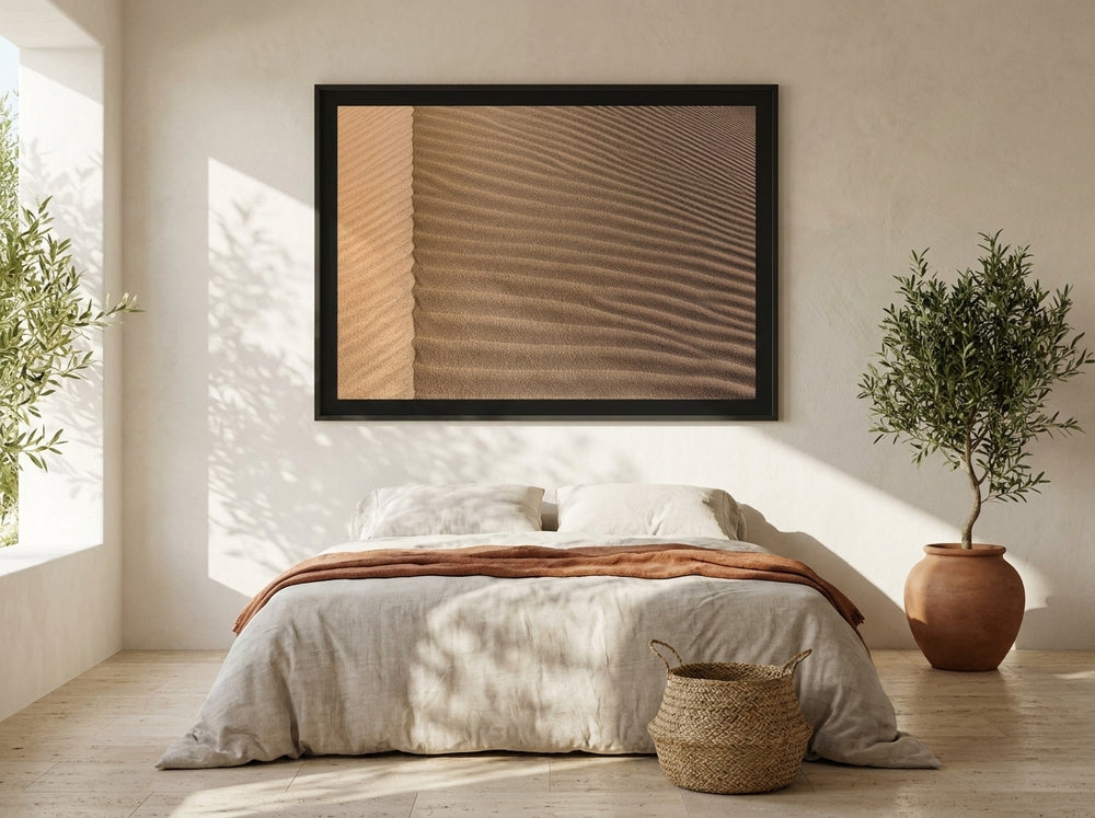Oversized statement modern wall art print styled on the wall in a Mediterranean bedroom
