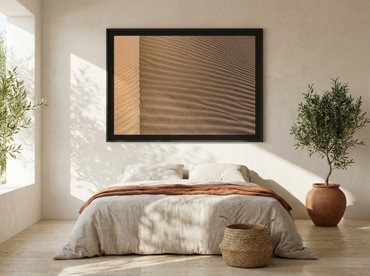 Oversized statement modern wall art print styled on the wall in a Mediterranean bedroom