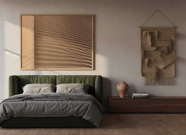 Oversized statement modern wall art print styled on the wall in a luxe bedroom