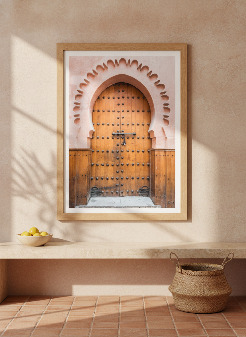 Modern wall art print styled on the wall in a Mediterranean living room