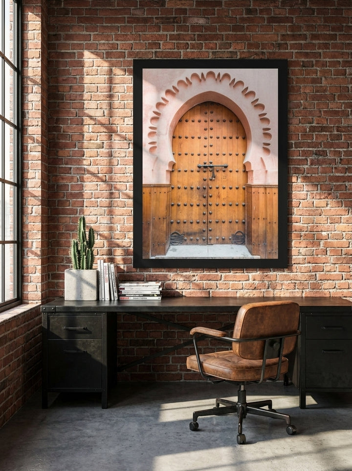 Modern wall art print styled on the wall in an industrial loft home office