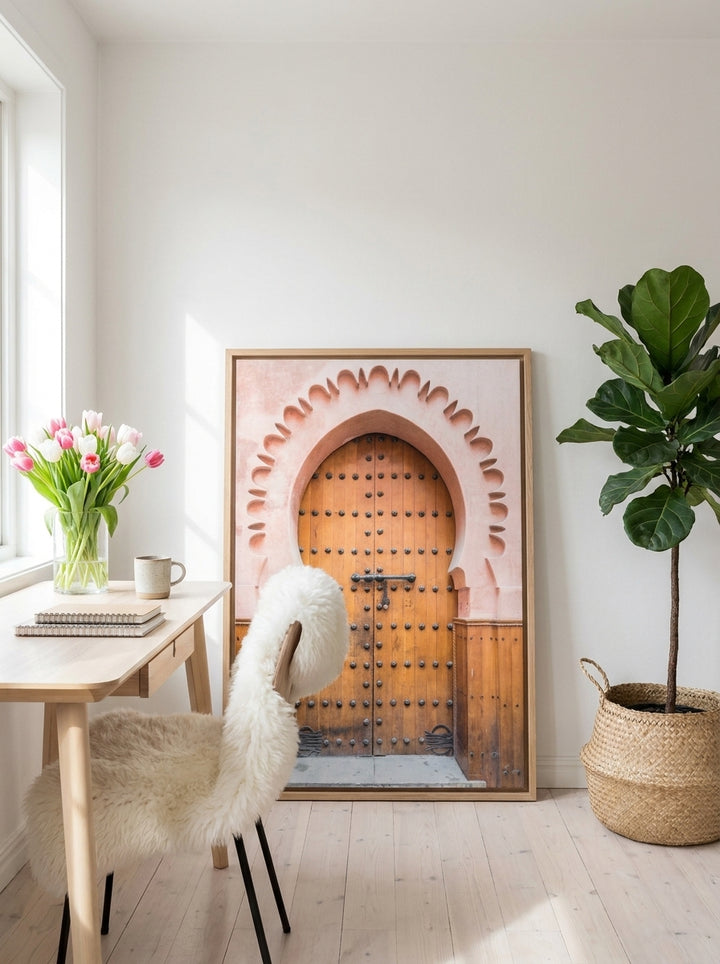 Canvas wall art with a natural timber surround leaning against the wall in a bright Scandinavian home office