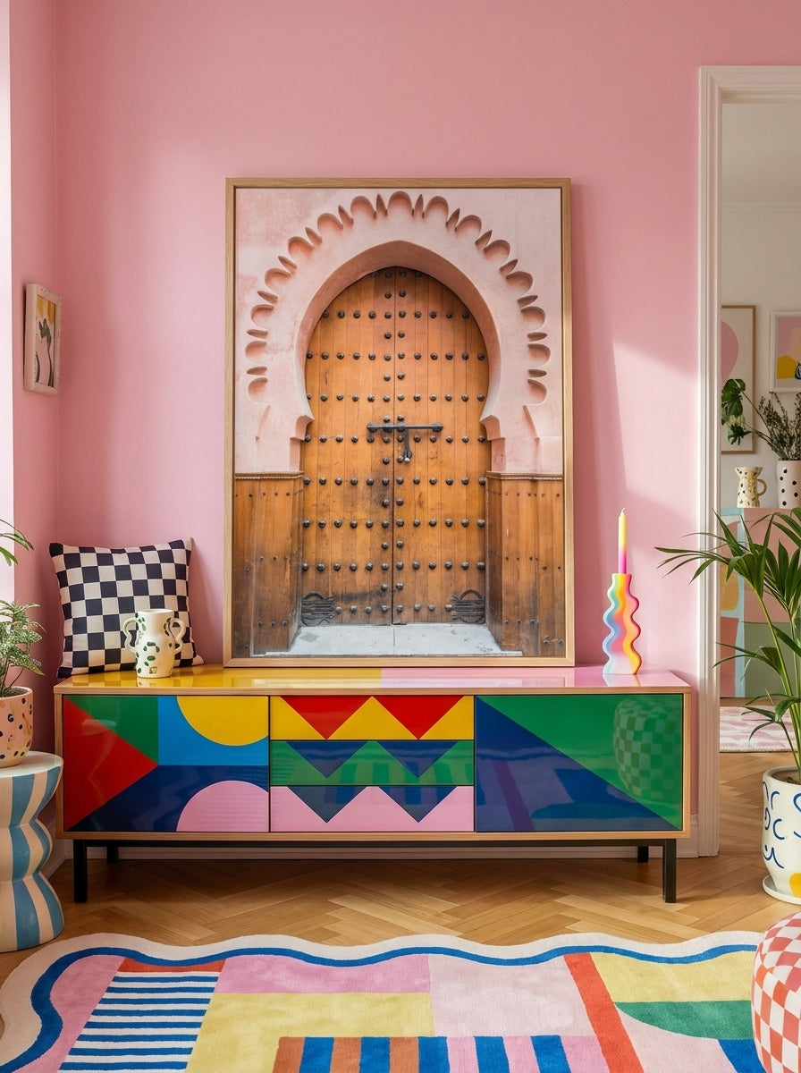 Modern wall art print standing on a sideboard in a colourful eclectic living room