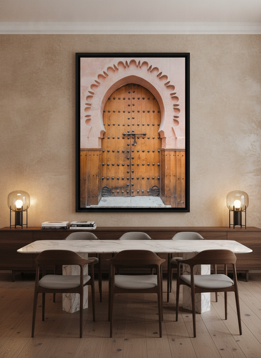 Oversized statement canvas wall art with a black surround styled on the wall in a luxe dining room