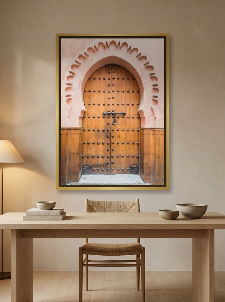 Canvas wall art with a gold leaf surround styled on the wall in a warm Japandi home office