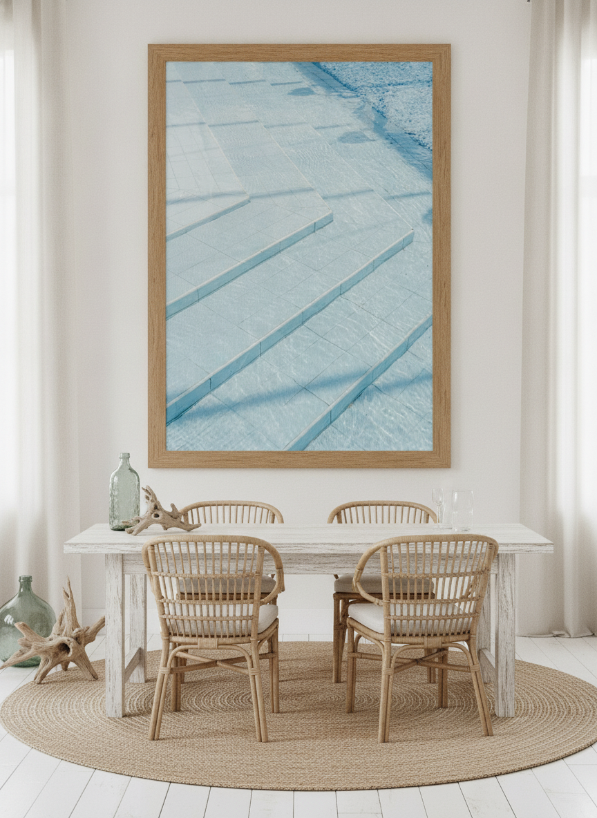 Oversized statement modern wall art print styled on the wall in a coastal dining room