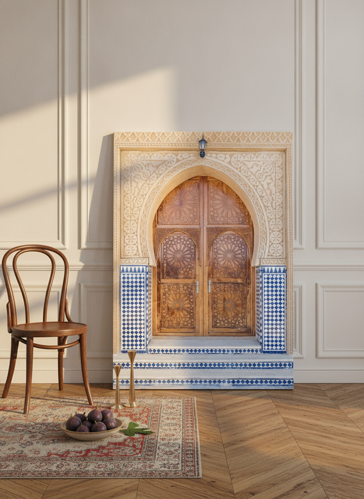 Stretched canvas wall art leaning against the wall in a Parisian living room