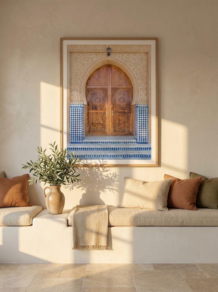Modern wall art print styled on the wall in a Mediterranean living room