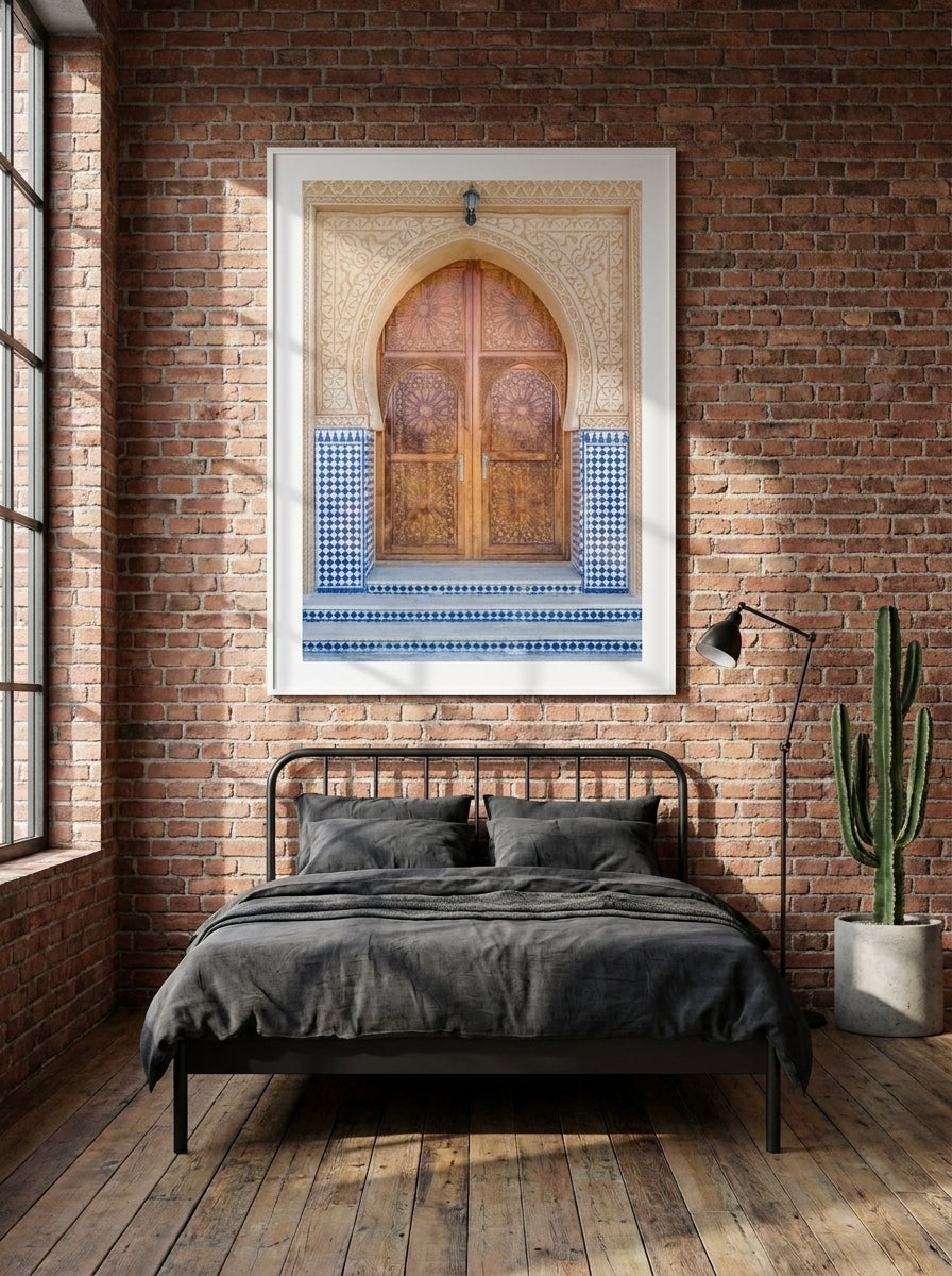 Modern wall art print styled on the wall in an industrial loft bedroom