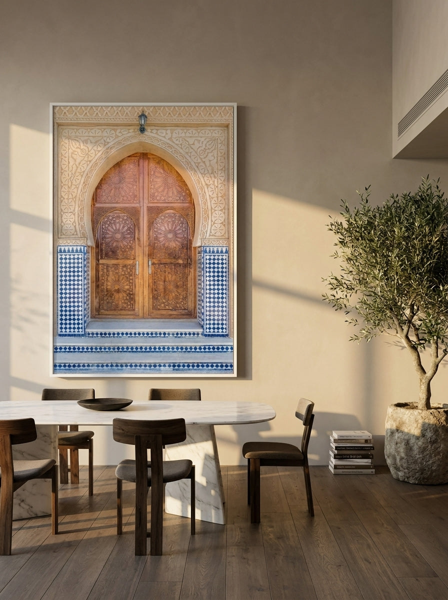 Oversized statement modern wall art print styled on the wall in a luxe dining room