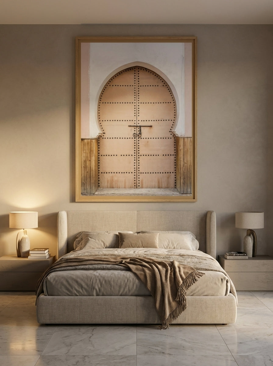 Oversized statement modern wall art print styled on the wall in a luxe bedroom