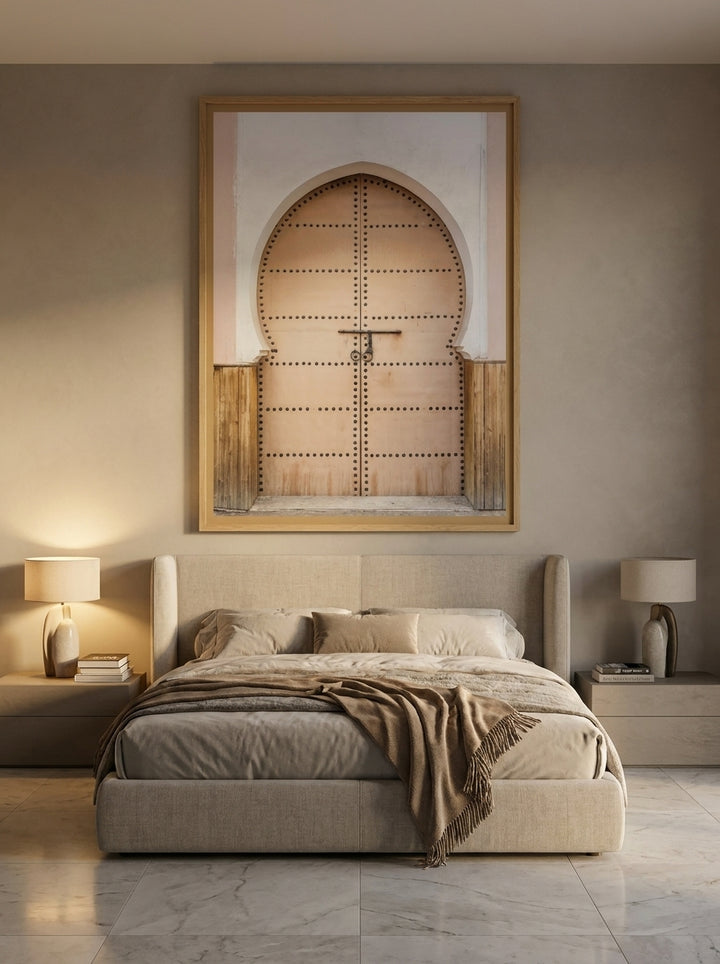 Oversized statement modern wall art print styled on the wall in a luxe bedroom