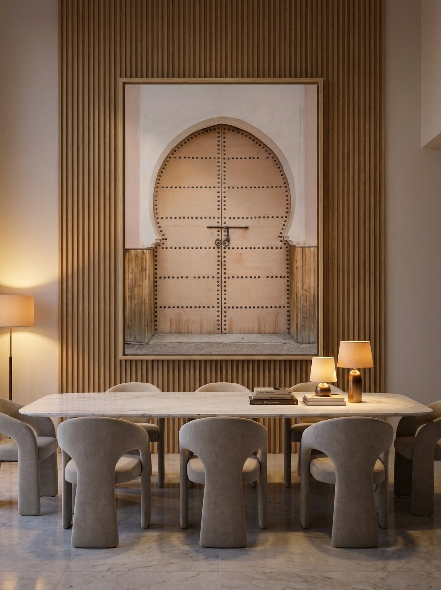 Oversized statement canvas wall art with a natural timber surround styled on the wall in a luxe dining room