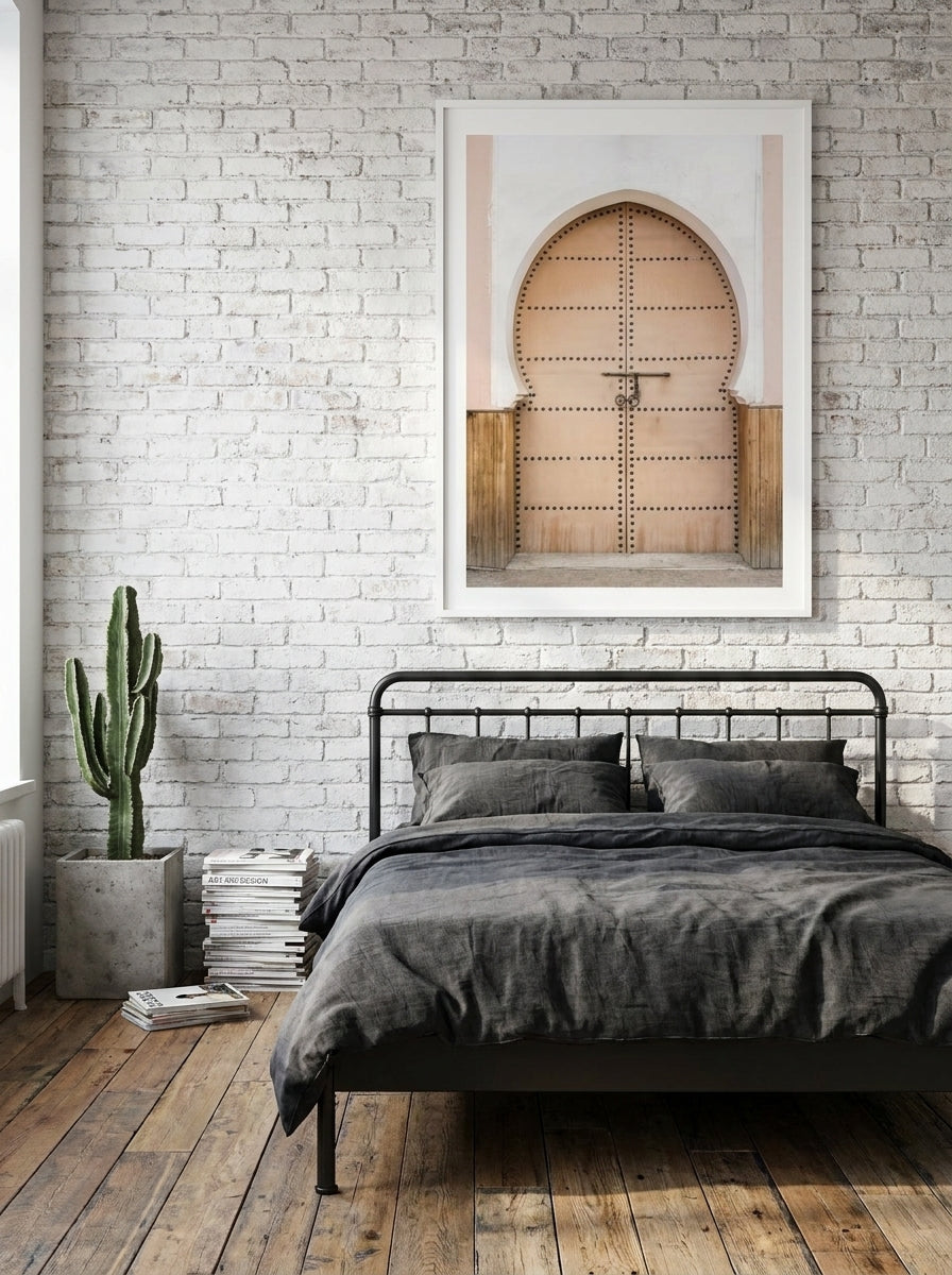 Modern wall art print styled on the wall in an industrial loft bedroom