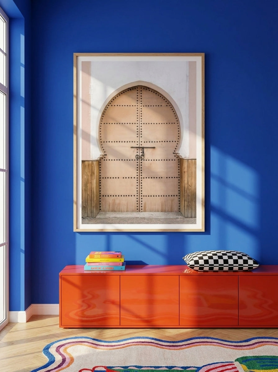Modern wall art print styled on the wall in a colourful eclectic living room