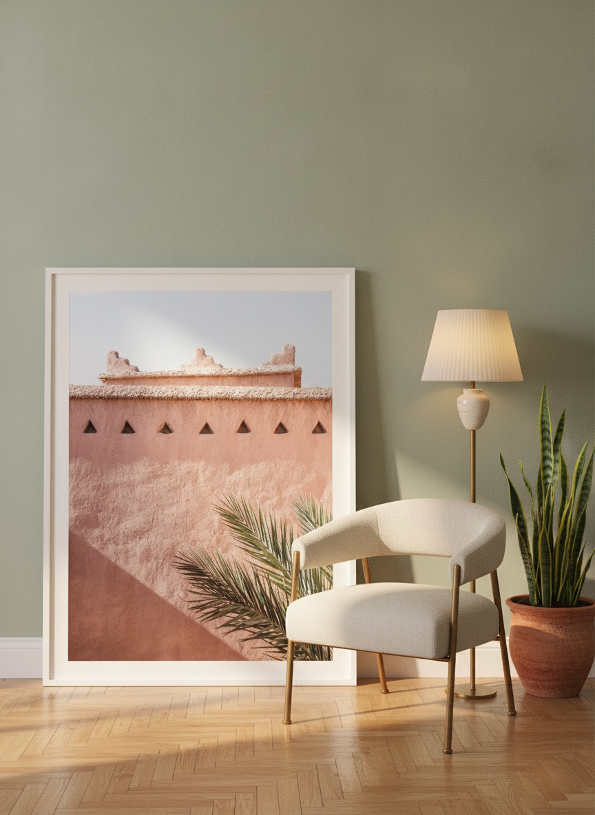 Modern wall art print leaning against the wall in a mid-century bedroom