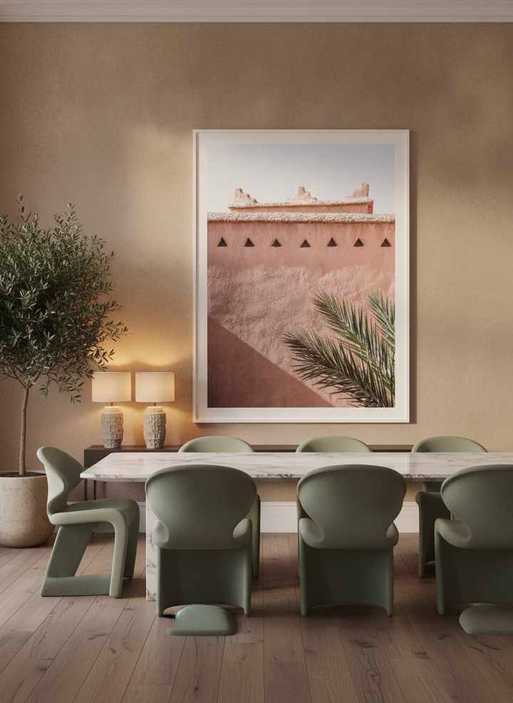 Oversized statement modern wall art print styled on the wall in a luxe dining room