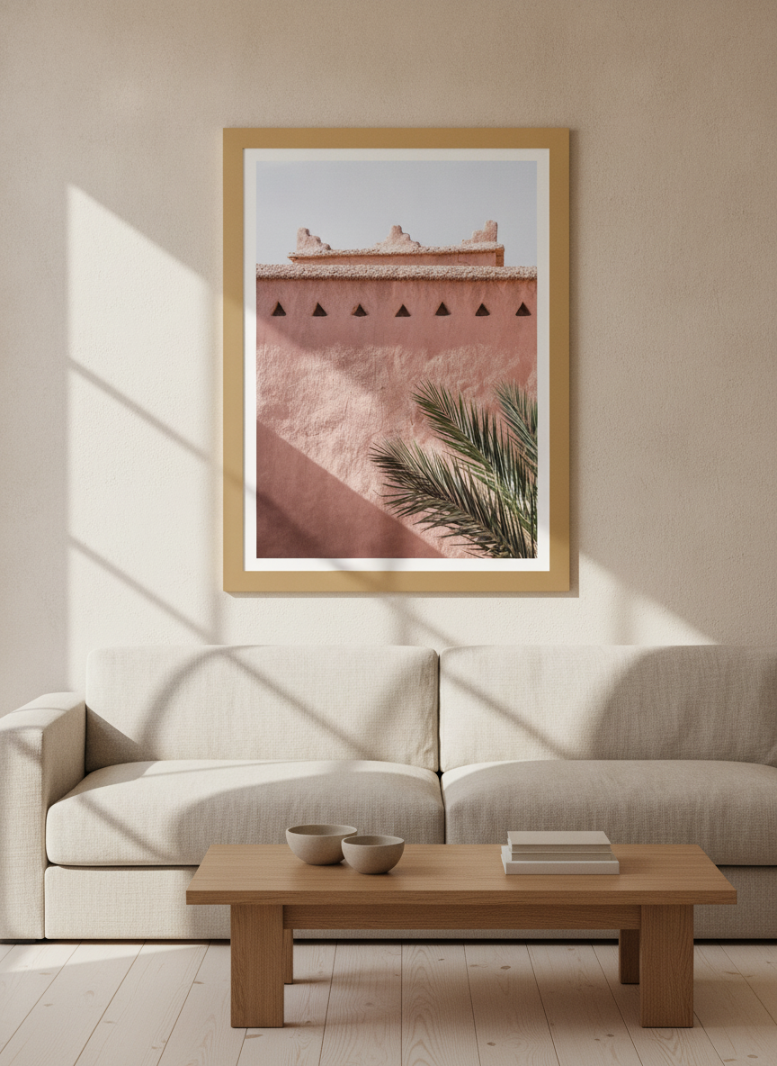 Modern wall art print styled on the wall in a warm Japandi living room