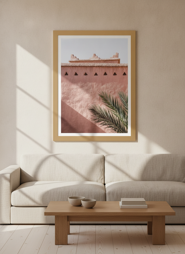 Modern wall art print styled on the wall in a warm Japandi living room