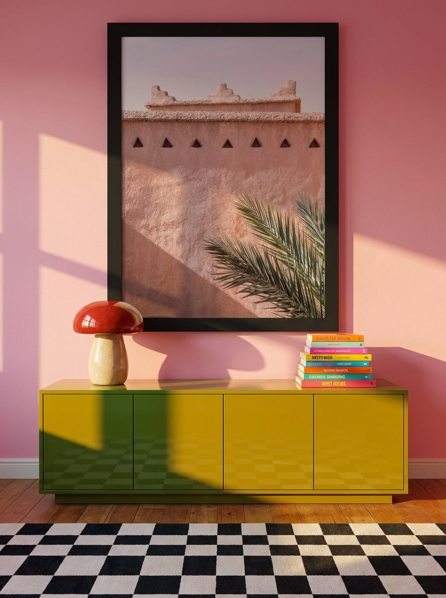 Oversized statement modern wall art print styled on the wall in a colourful eclectic living room