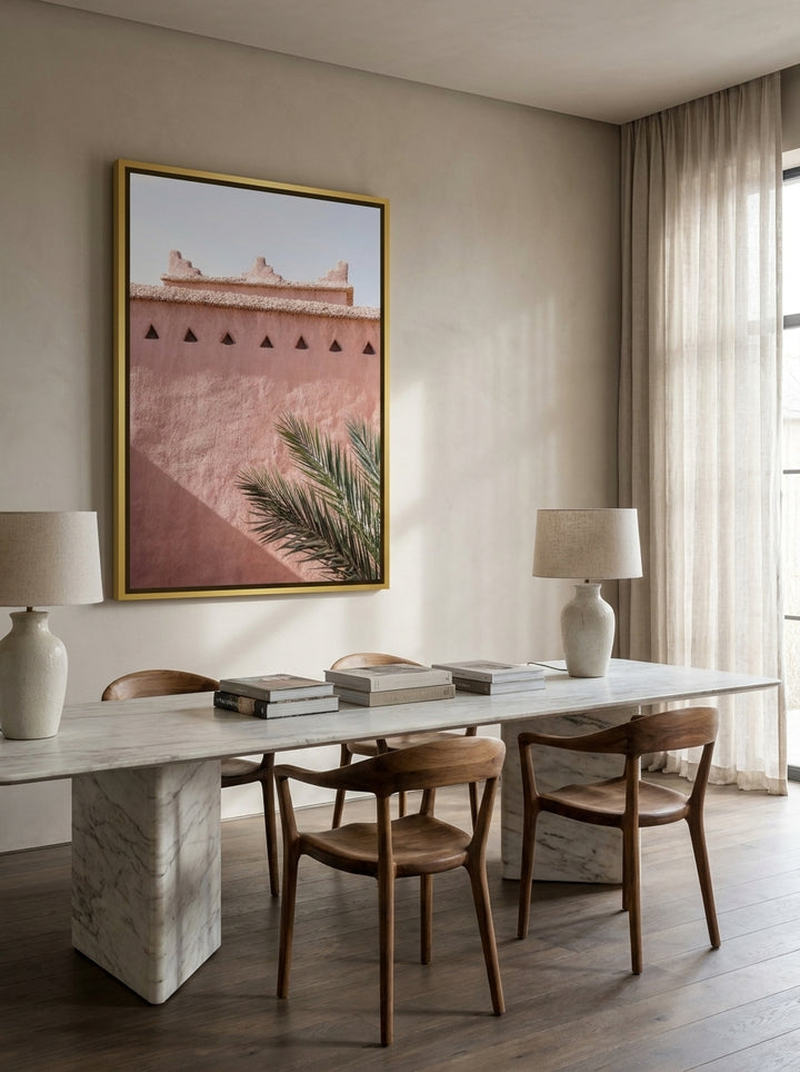 Oversized statement canvas wall art with a gold leaf surround styled on the wall in a luxe dining room
