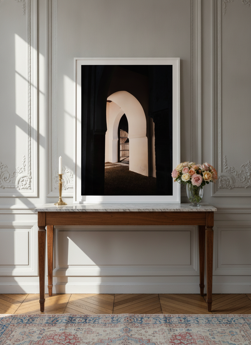 Modern wall art print standing on a console in a Parisian bedroom