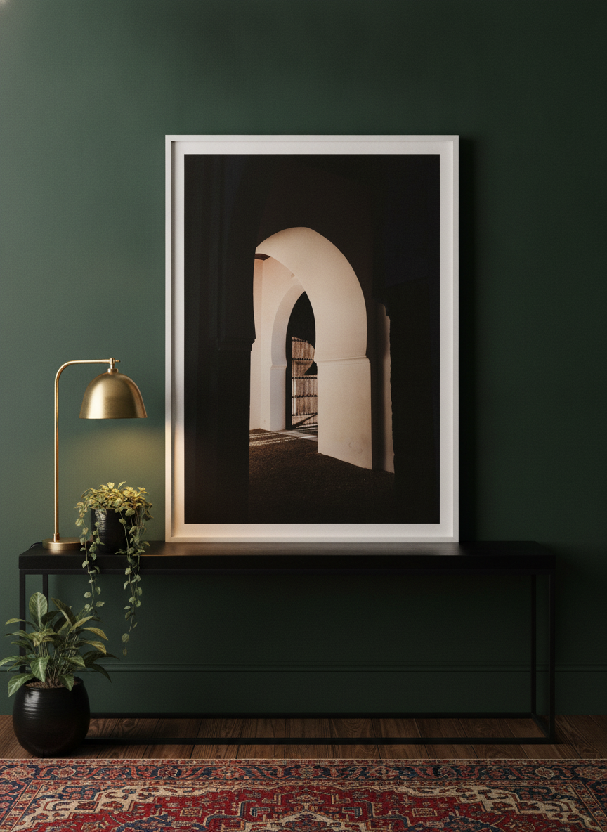 Modern wall art print standing on a console in a moody home office