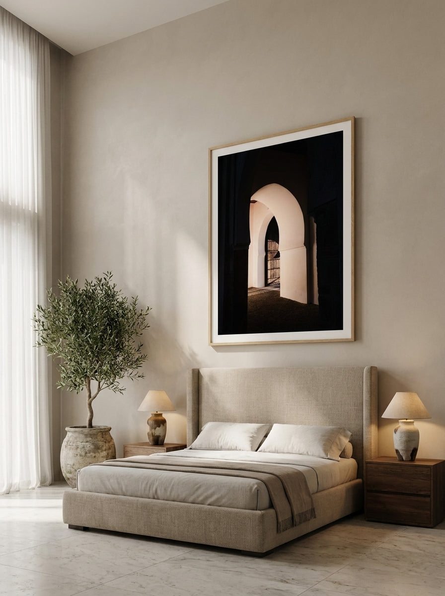 Oversized statement modern wall art print styled on the wall in a luxe bedroom